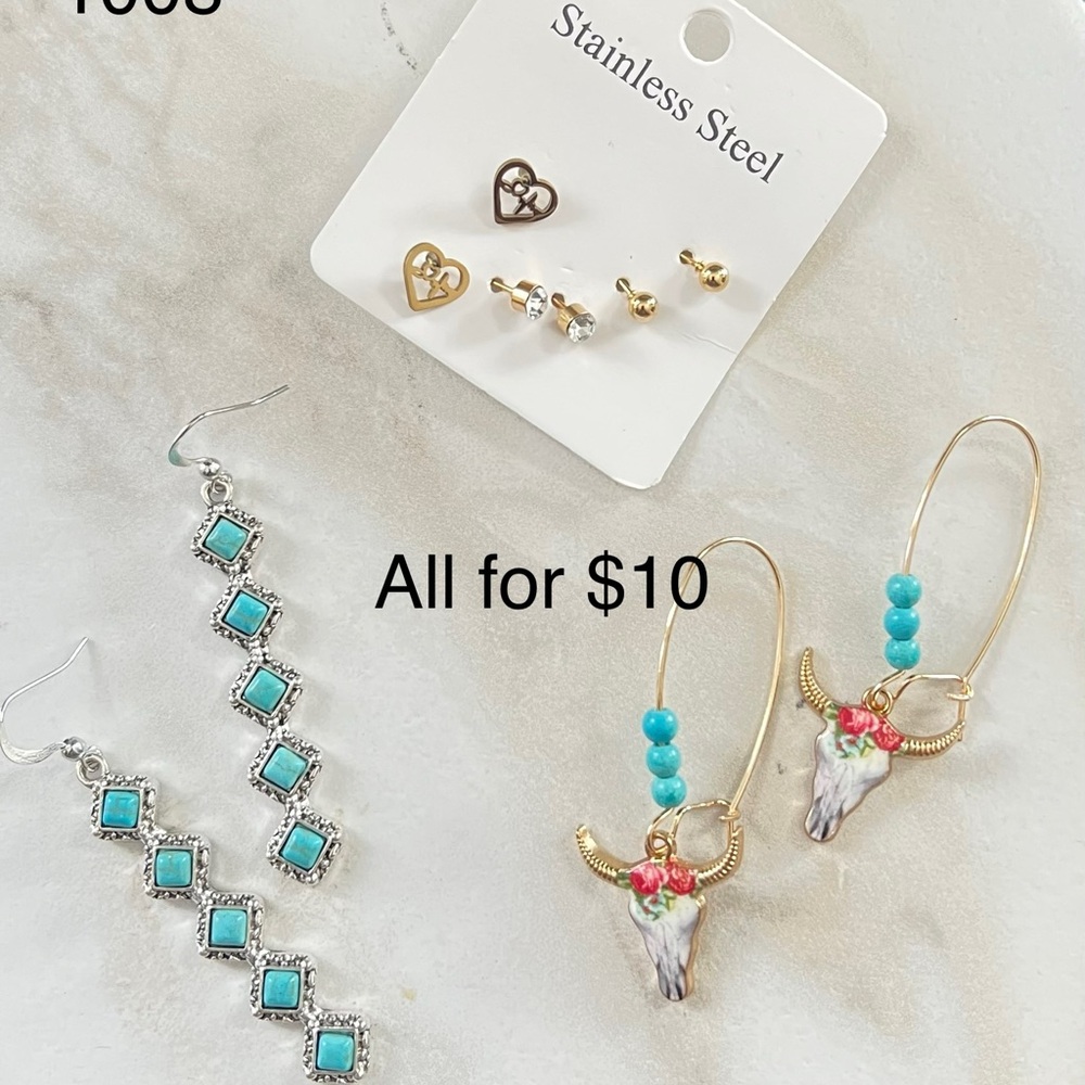 Stainless Steel Earring Set with Turquoise Accents